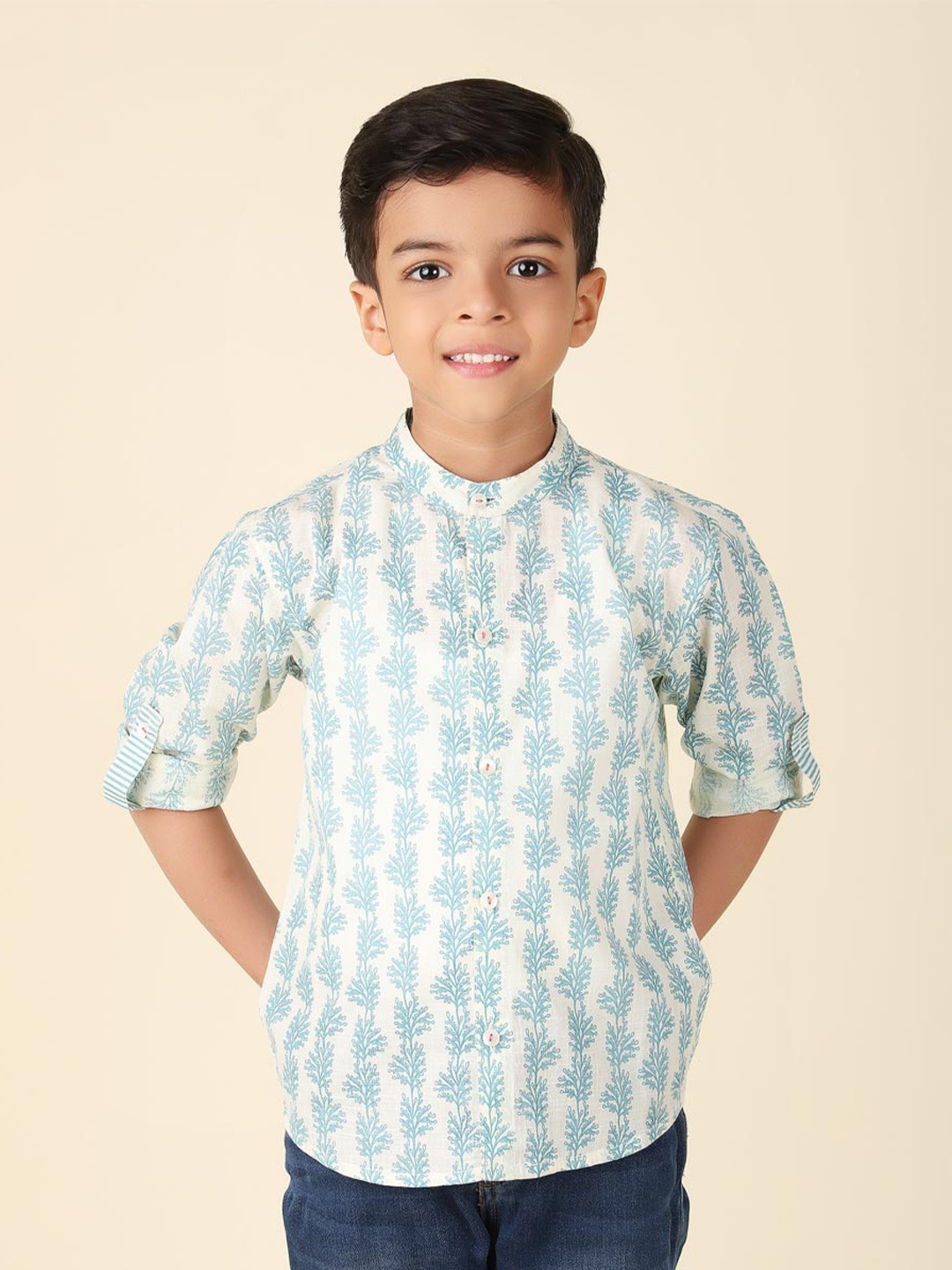 

Fabindia Boys Floral Printed Band Collar Cotton Casual Shirt, Blue