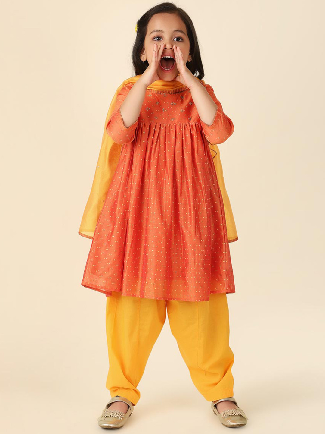 

Fabindia Girls Geometric Printed Sequined Anarakli Kurta with Salwar & Dupatta, Orange