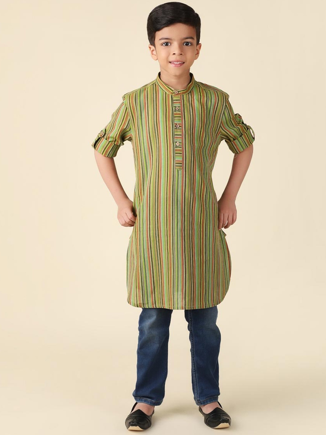 

Fabindia Boys Striped Band Collar Curved Cotton Kurta, Green