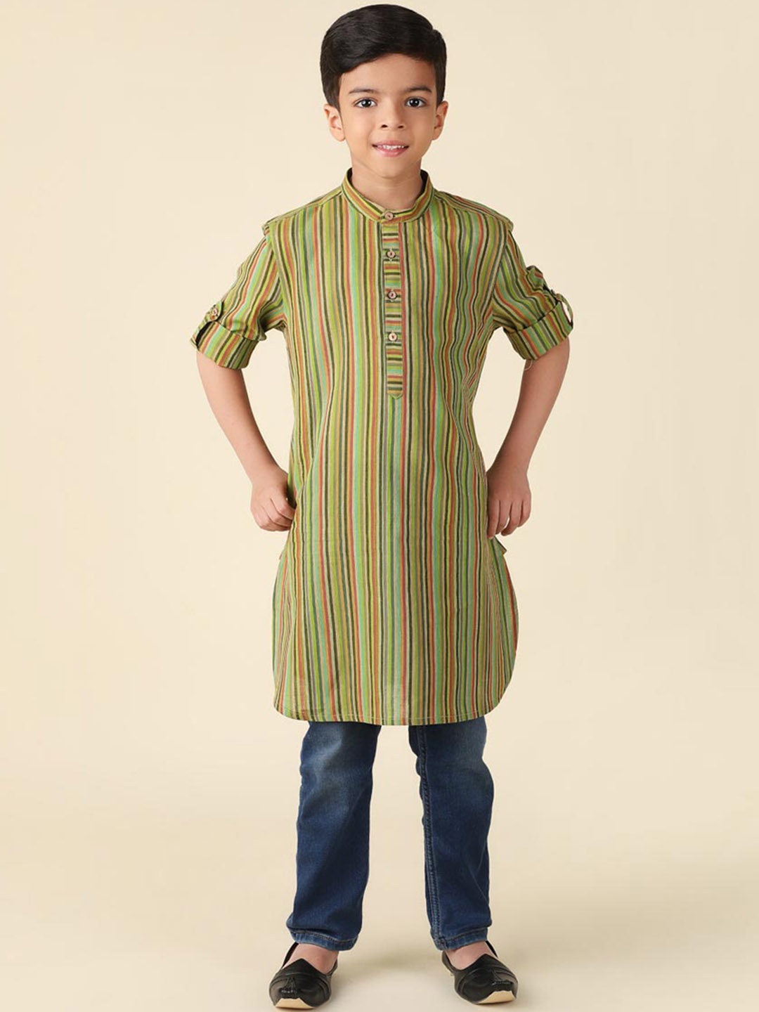 

Fabindia Boys Striped Band Collar Curved Cotton Kurta, Green