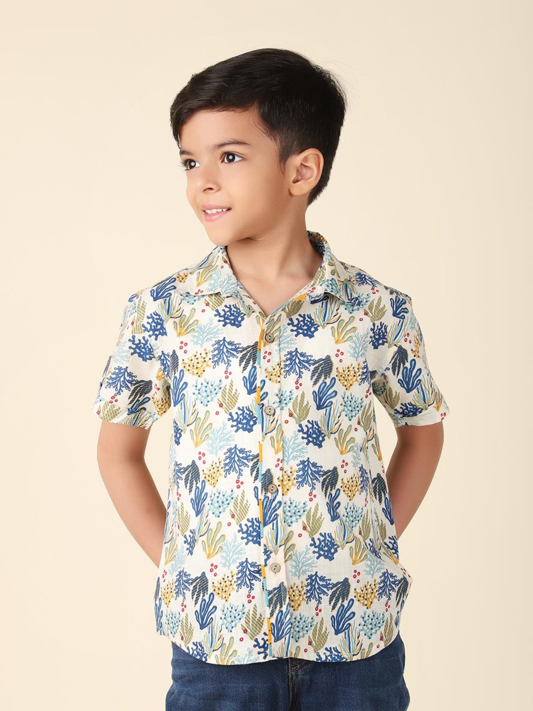 

Fabindia Boys Floral Printed Casual Cotton Shirt, Off white