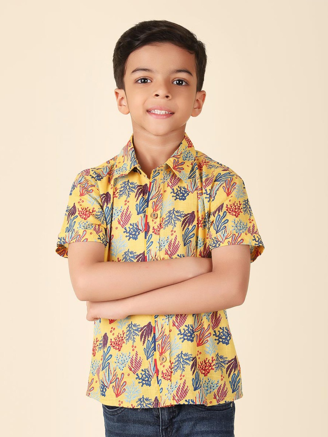 

Fabindia Boys Floral Printed Casual Cotton Shirt, Yellow