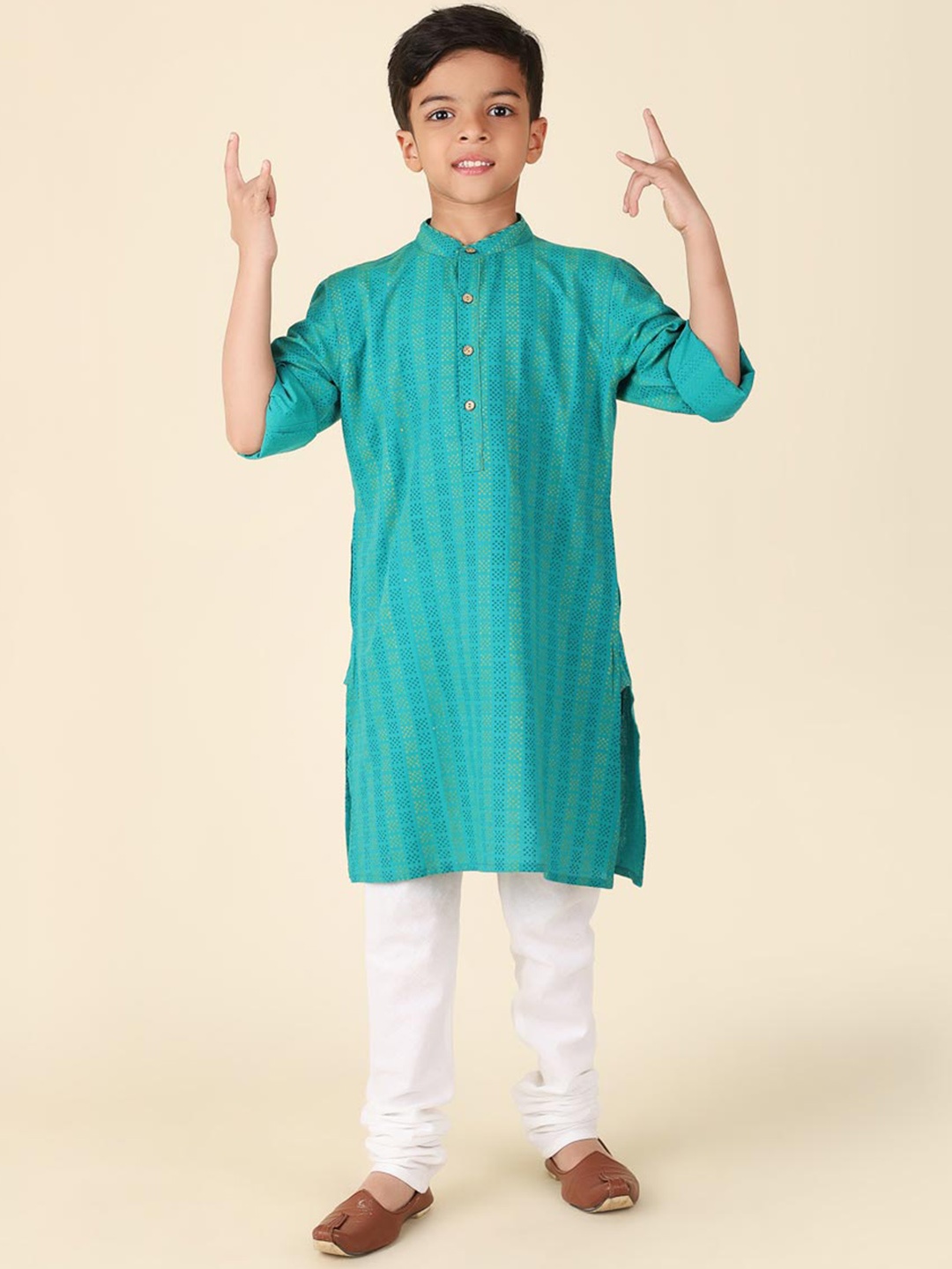 

Fabindia Boys Ethnic Motifs Printed Band Collar Cotton Kurta, Turquoise blue