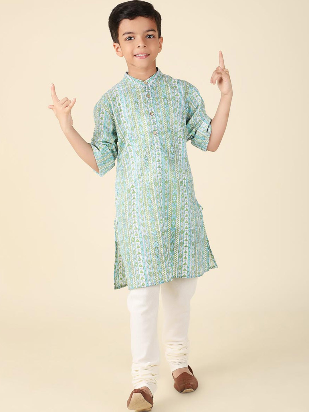 

Fabindia Boys Band Collar Geometric Printed Cotton Kurta, Blue