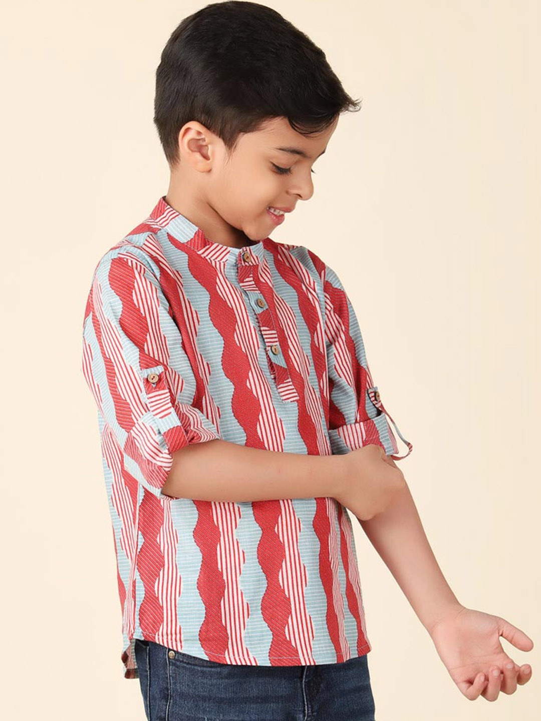 

Fabindia Boys Abstract Printed Band Collar Cotton Short Kurta, Red