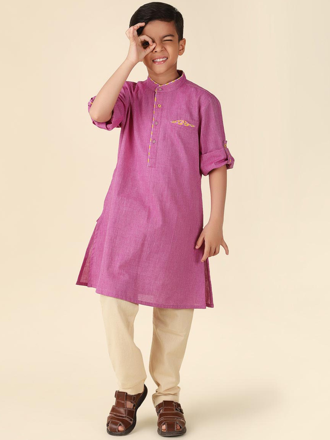 

Fabindia Boys Band Collar Straight Cotton Kurta, Purple