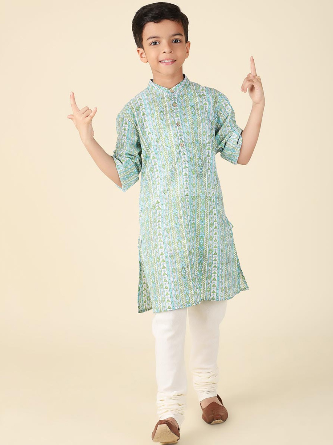 

Fabindia Boys Band Collar Geometric Printed Cotton Kurta, Blue