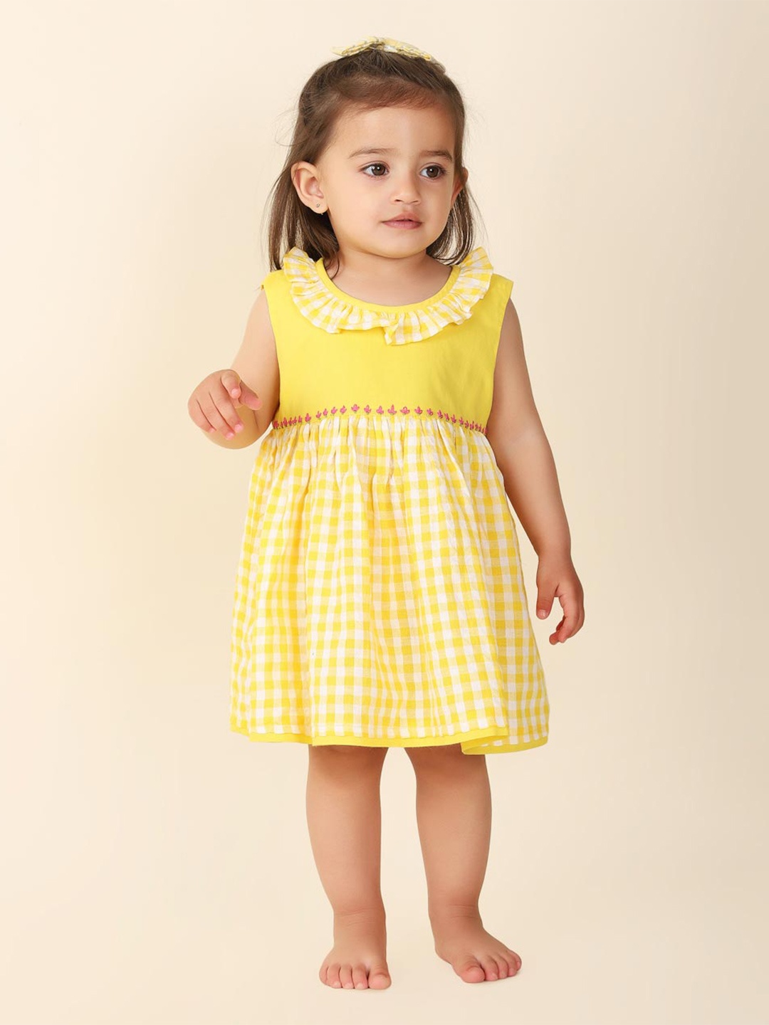 

Fabindia Infant Girls Checked Fit & Flare Dress, Yellow