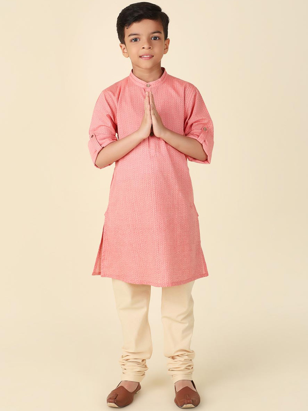 

Fabindia Boys Ethnic Motifs Printed Band Collar Cotton Kurta, Peach