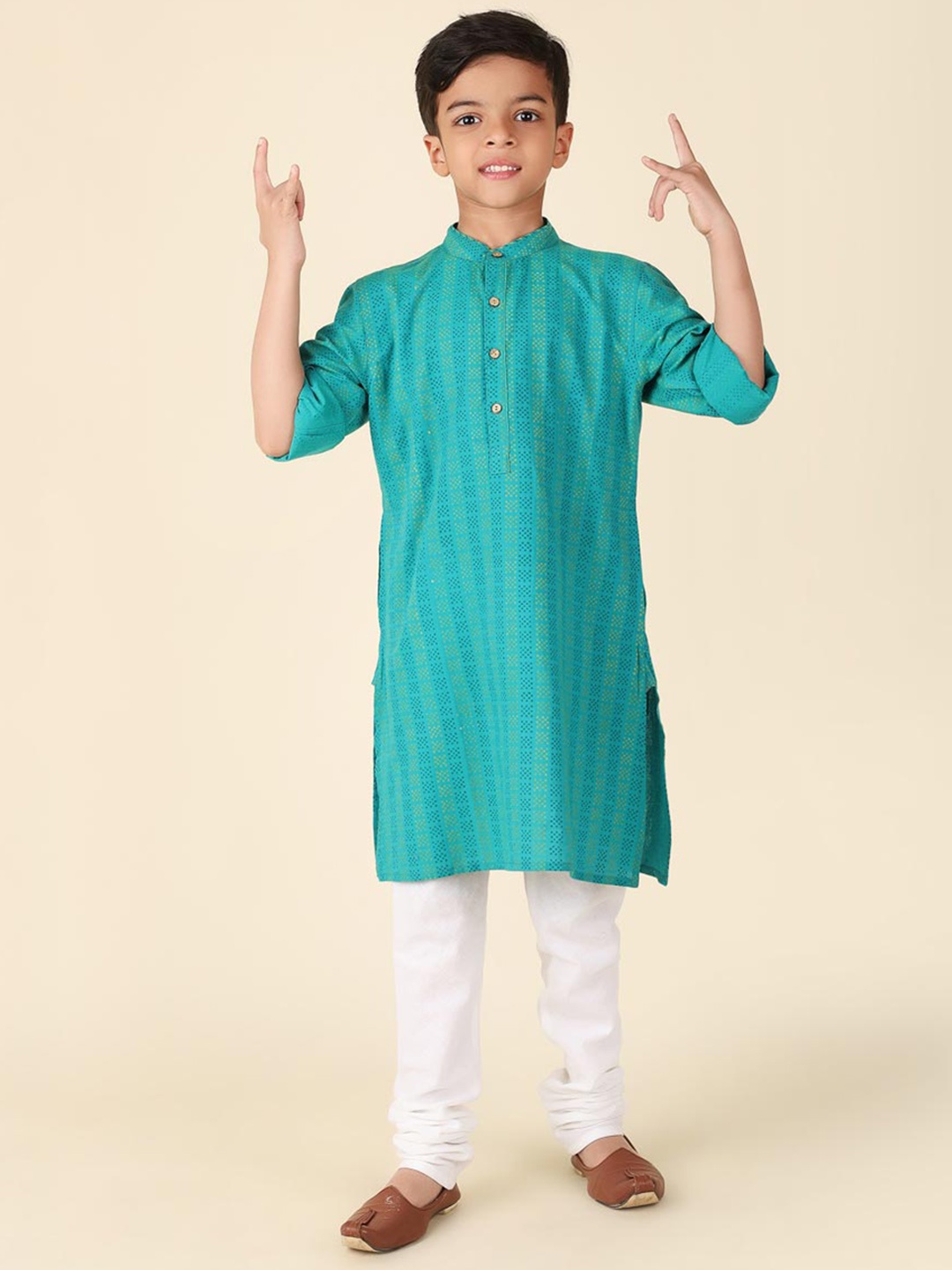 

Fabindia Boys Ethnic Motifs Printed Band Collar Cotton Kurta, Turquoise blue