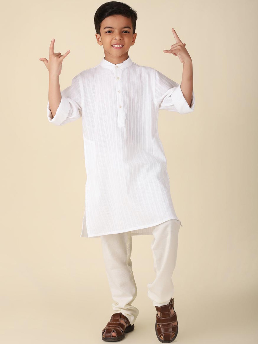 

Fabindia Boys Band Collar Striped Straight Cotton Kurta, White