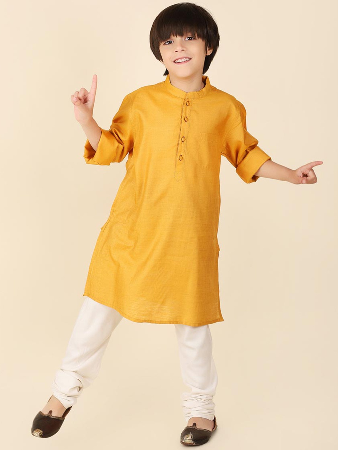 

Fabindia Boys Mandarin Collar Silk Kurta, Mustard