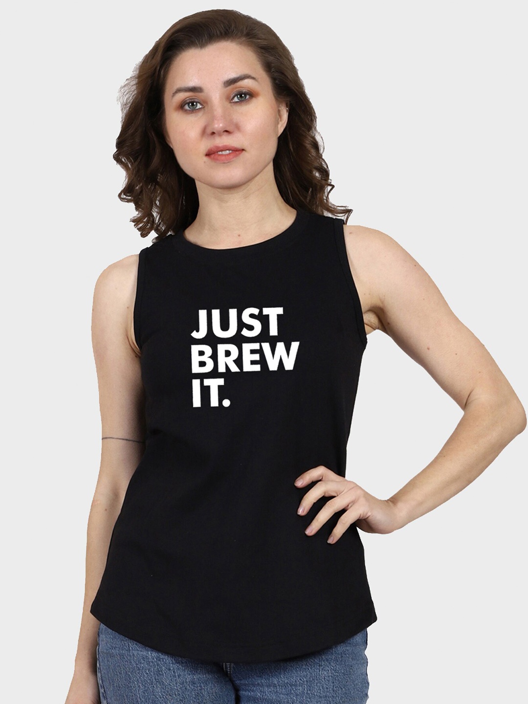 T-SHIRT TRUCK Typography Printed Sleeveless Cotton T-shirt, Black