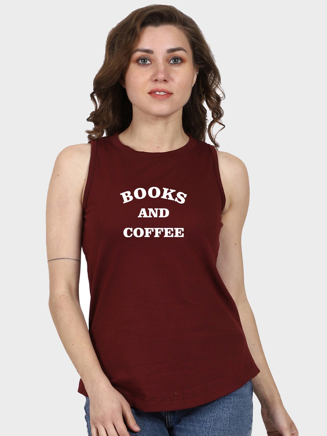 

T-SHIRT TRUCK Typography Printed Sleeveless Cotton T-shirt, Maroon