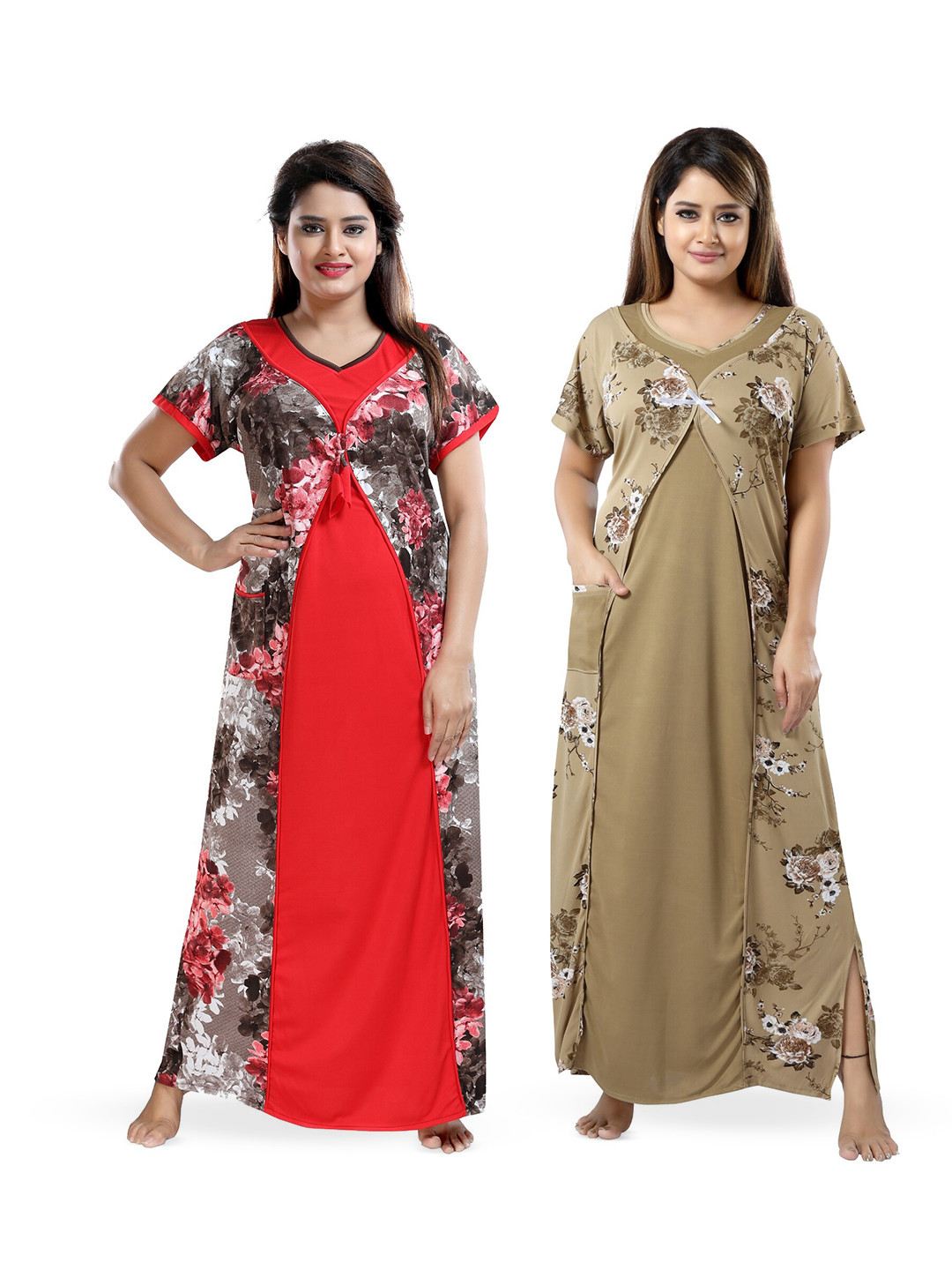 

SHOPPING STATION Pack Of 2 Floral Printed Satin Maxi Nightdress, Red