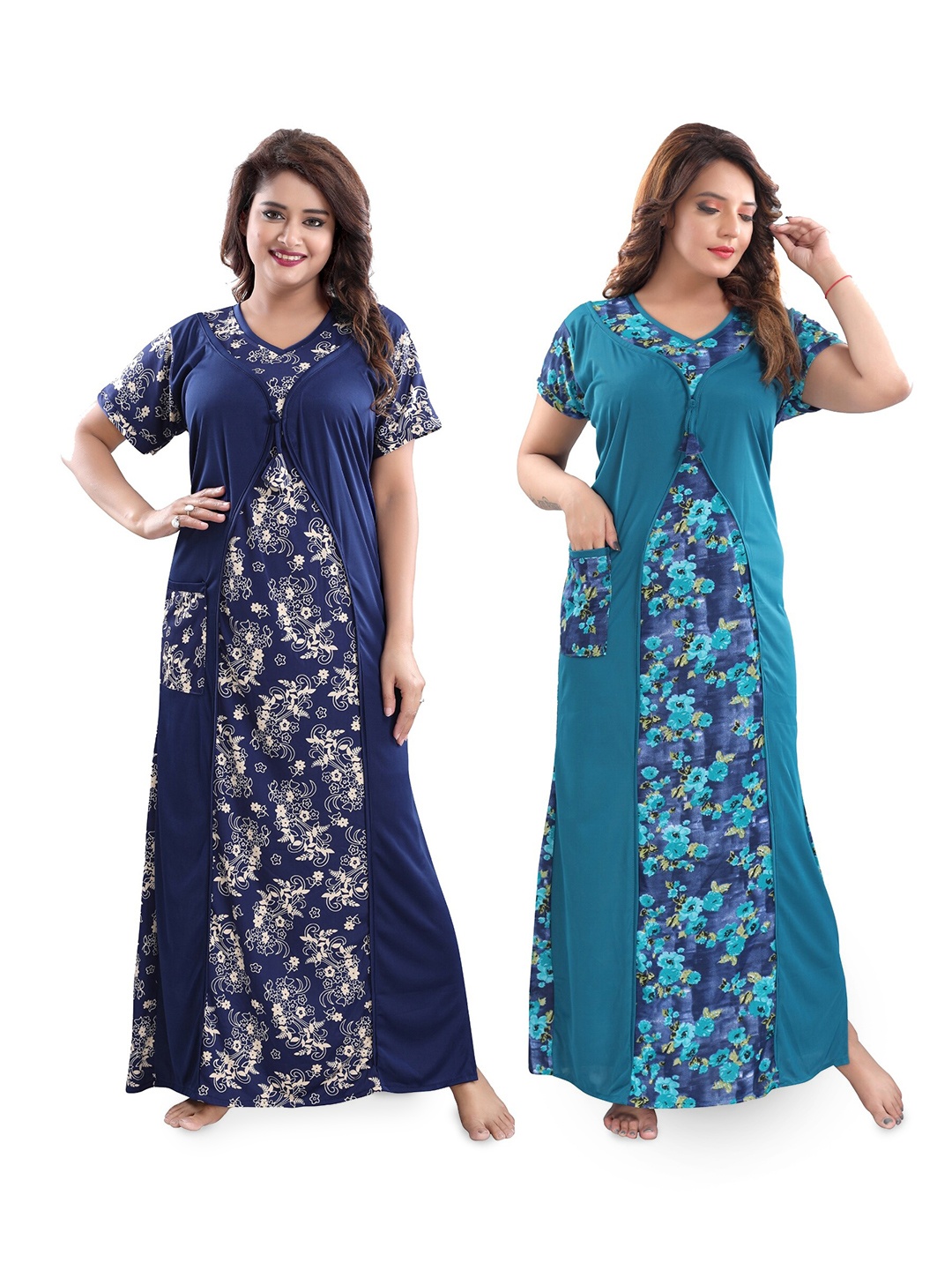 

SHOPPING STATION Pack Of 2 Floral Printed Satin Maxi Nightdress, Navy blue
