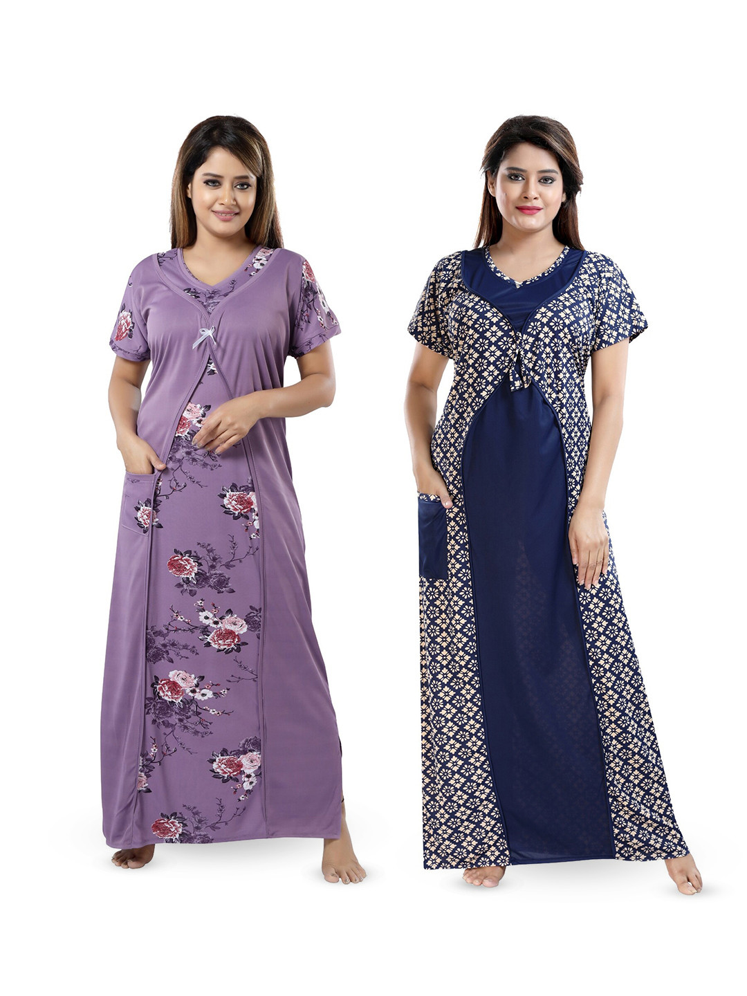 

SHOPPING STATION Pack Of 2 Floral Printed Satin Maxi Nightdress, Navy blue