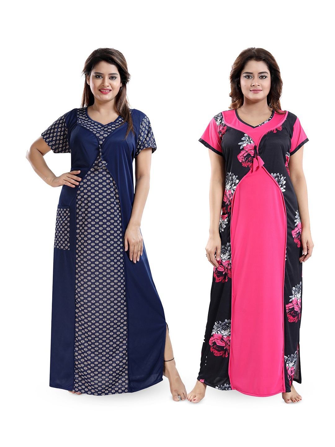 

SHOPPING STATION Pack Of 2 Floral Printed Satin Maxi Nightdress, Navy blue