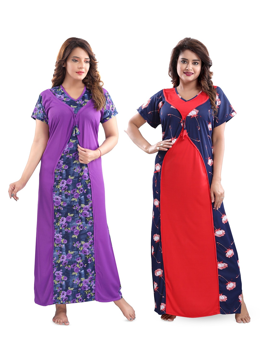 

SHOPPING STATION Pack Of 2 Floral Printed Satin Maxi Nightdress, Purple