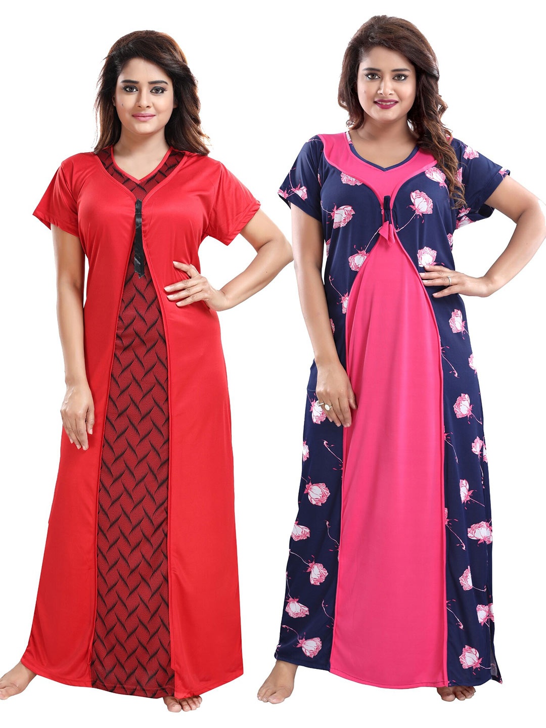 

SHOPPING STATION Pack Of 2 Floral Printed Satin Maxi Nightdress, Red