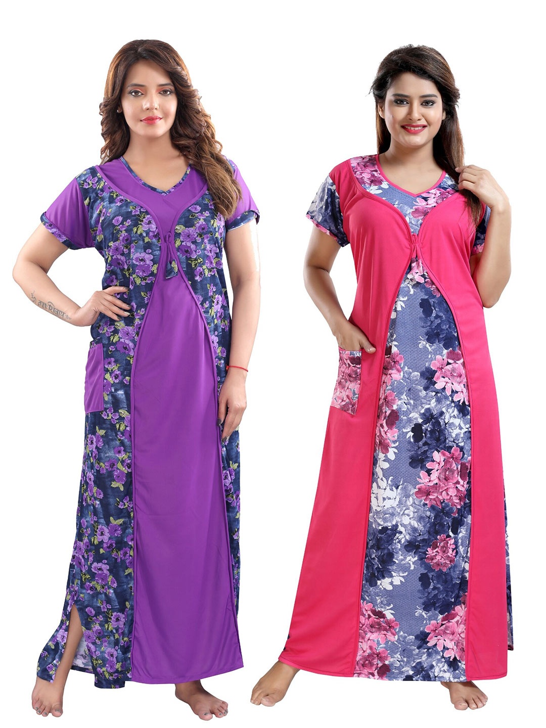 

SHOPPING STATION Pack Of 2 Floral Printed Satin Maxi Nightdress, Purple