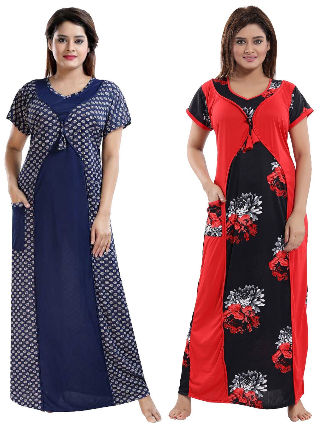 

SHOPPING STATION Pack Of 2 Floral Printed Satin Maxi Nightdress, Navy blue