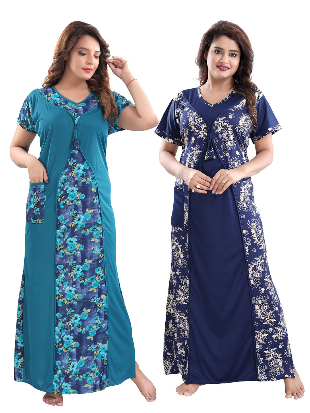 

SHOPPING STATION Pack Of 2 Floral Printed Satin Maxi Nightdress, Navy blue