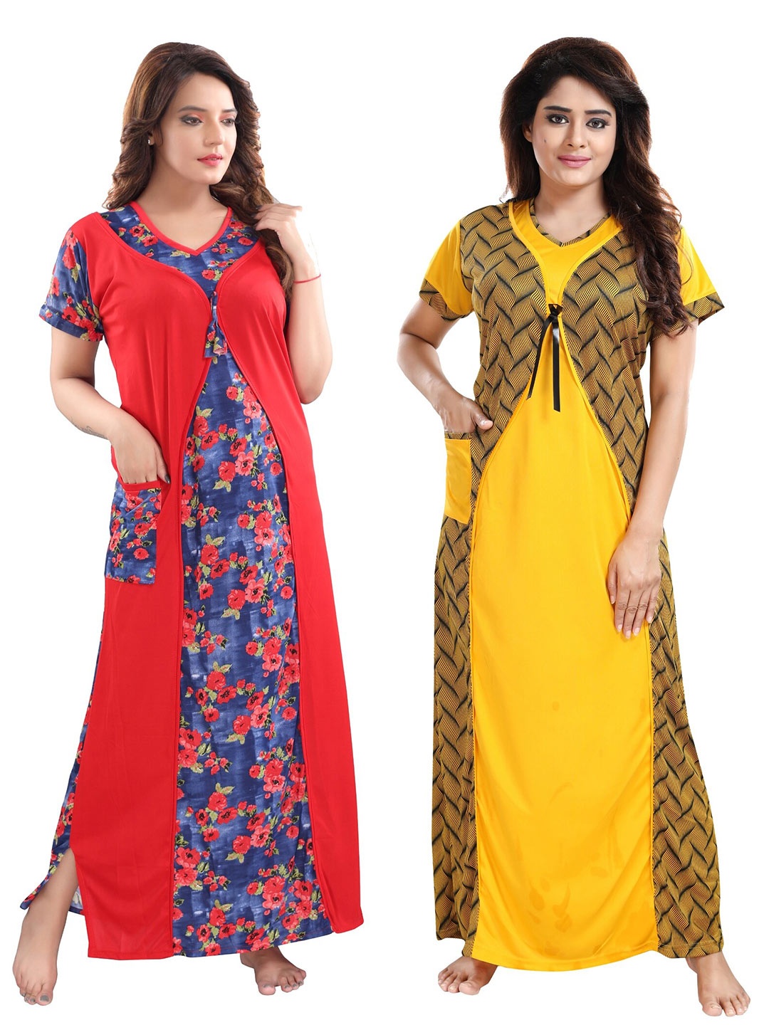 

SHOPPING STATION Pack Of 2 Floral Printed Satin Maxi Nightdress, Red