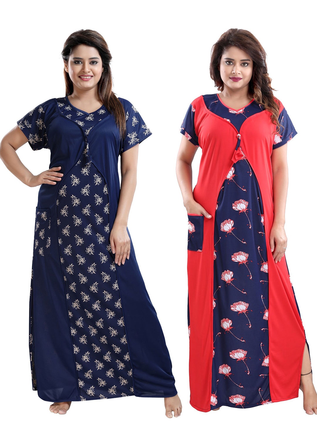 

SHOPPING STATION Pack Of 2 Floral Printed Satin Maxi Nightdress, Navy blue