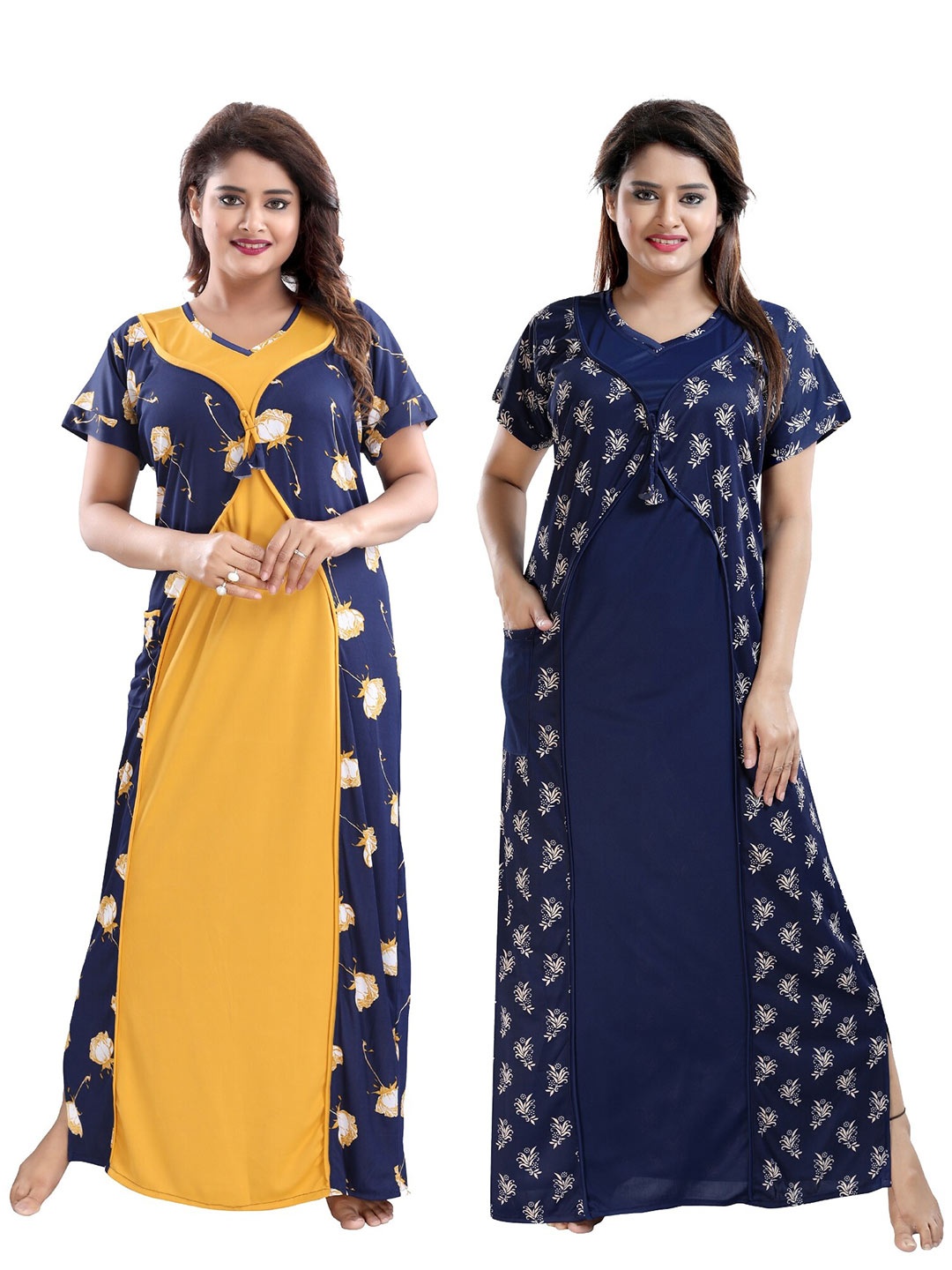

SHOPPING STATION Pack Of 2 Floral Printed Satin Maxi Nightdress, Navy blue