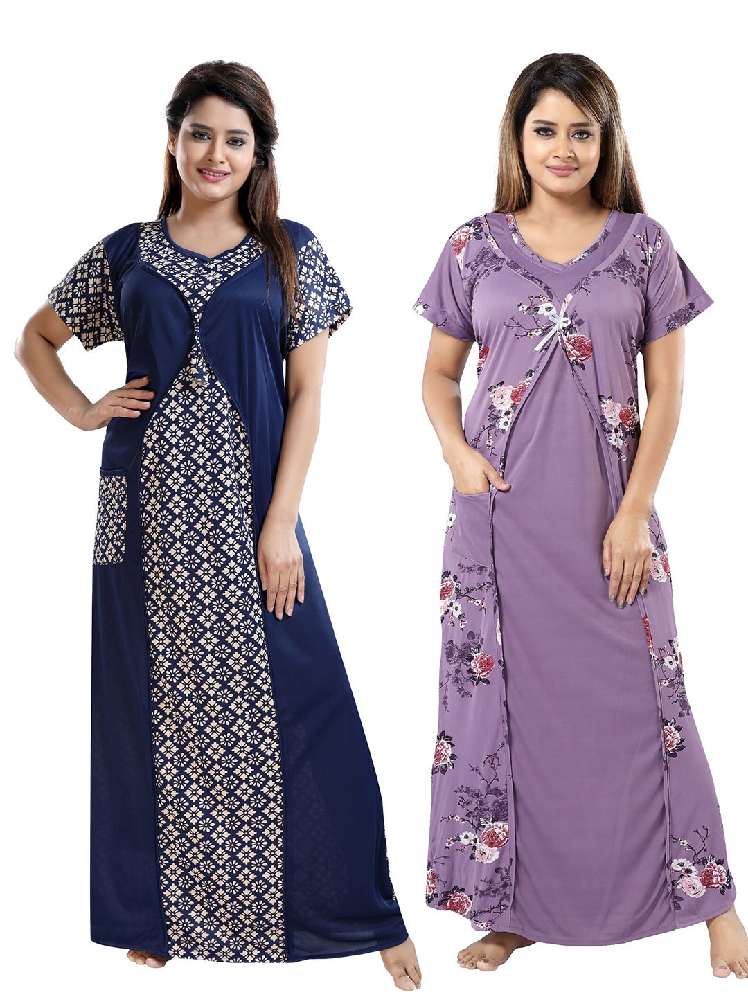 

SHOPPING STATION Pack Of 2 Floral Printed Satin Maxi Nightdress, Navy blue