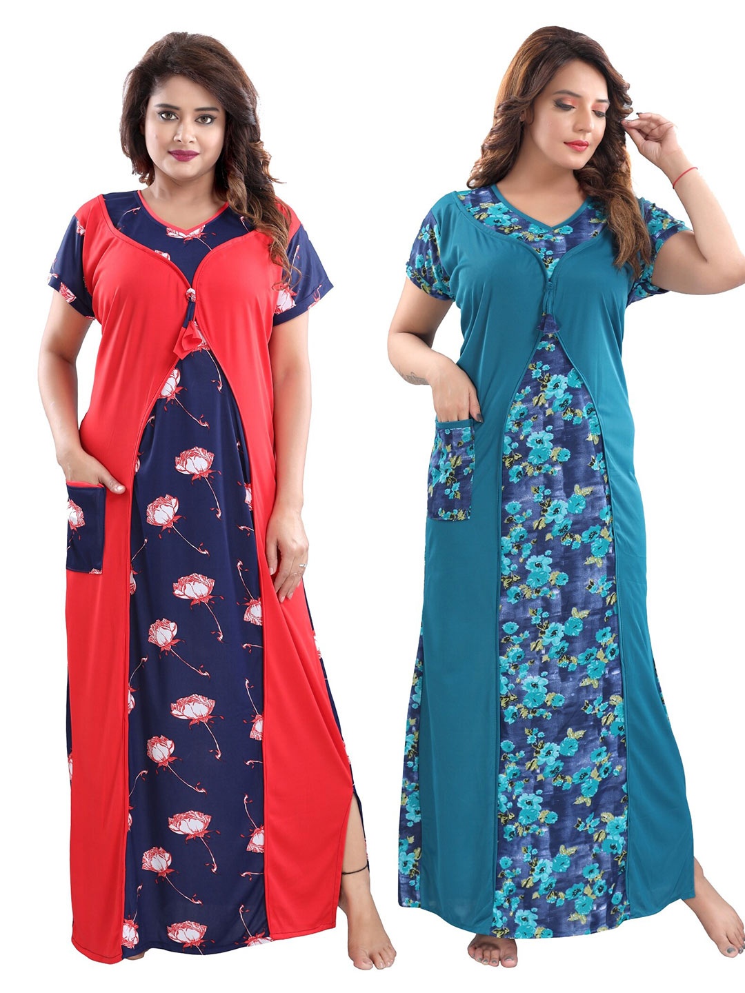

SHOPPING STATION Pack Of 2 Floral Printed Satin Maxi Nightdress, Red