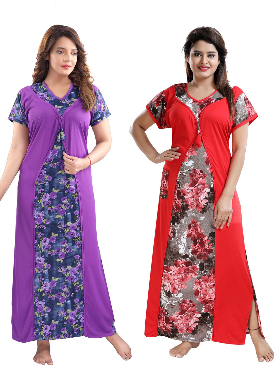 

SHOPPING STATION Pack Of 2 Printed Maxi Satin Nightdress, Red