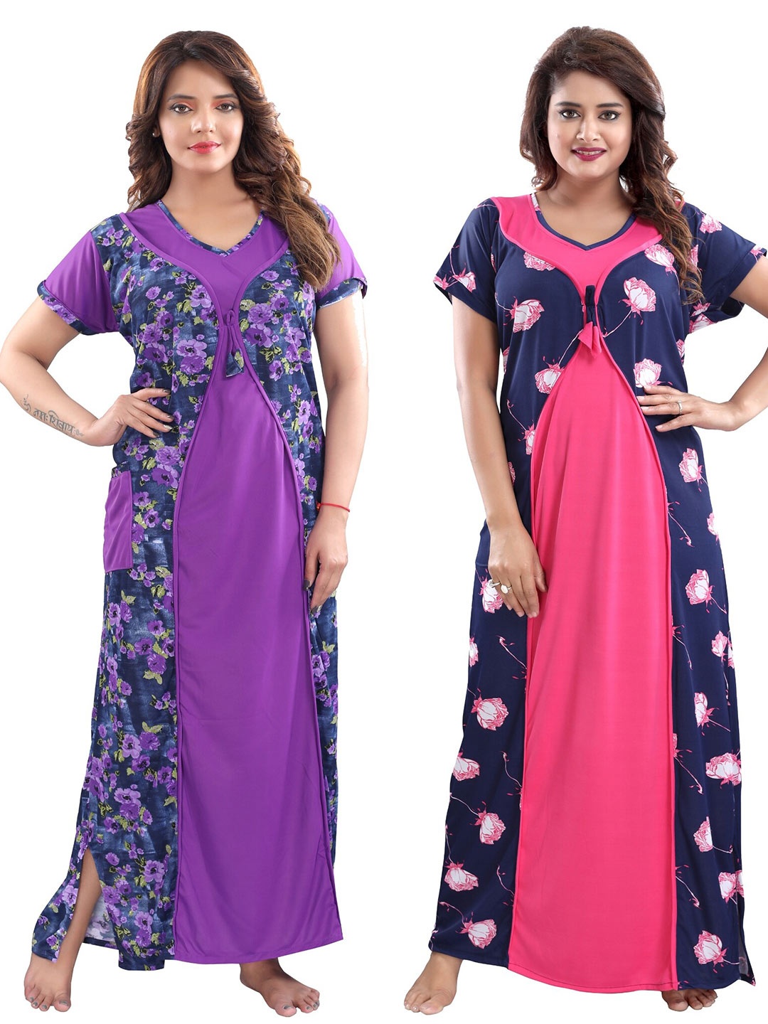 

SHOPPING STATION Pack Of 2 Printed Maxi Satin Nightdress, Pink