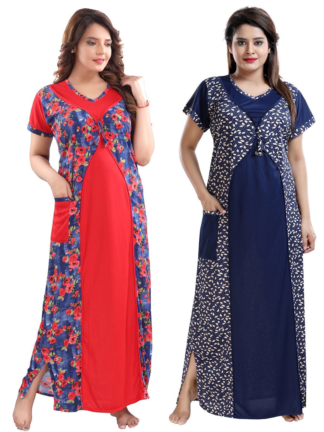 

SHOPPING STATION Pack Of 2 Printed Maxi Satin Nightdress, Navy blue