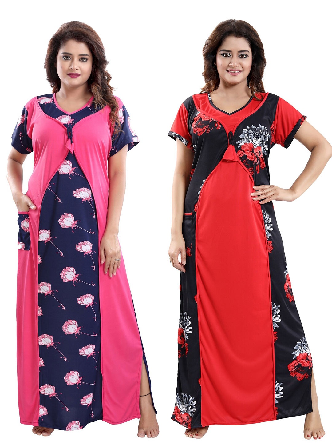 

SHOPPING STATION Pack Of 2 Printed Maxi Satin Nightdress, Pink