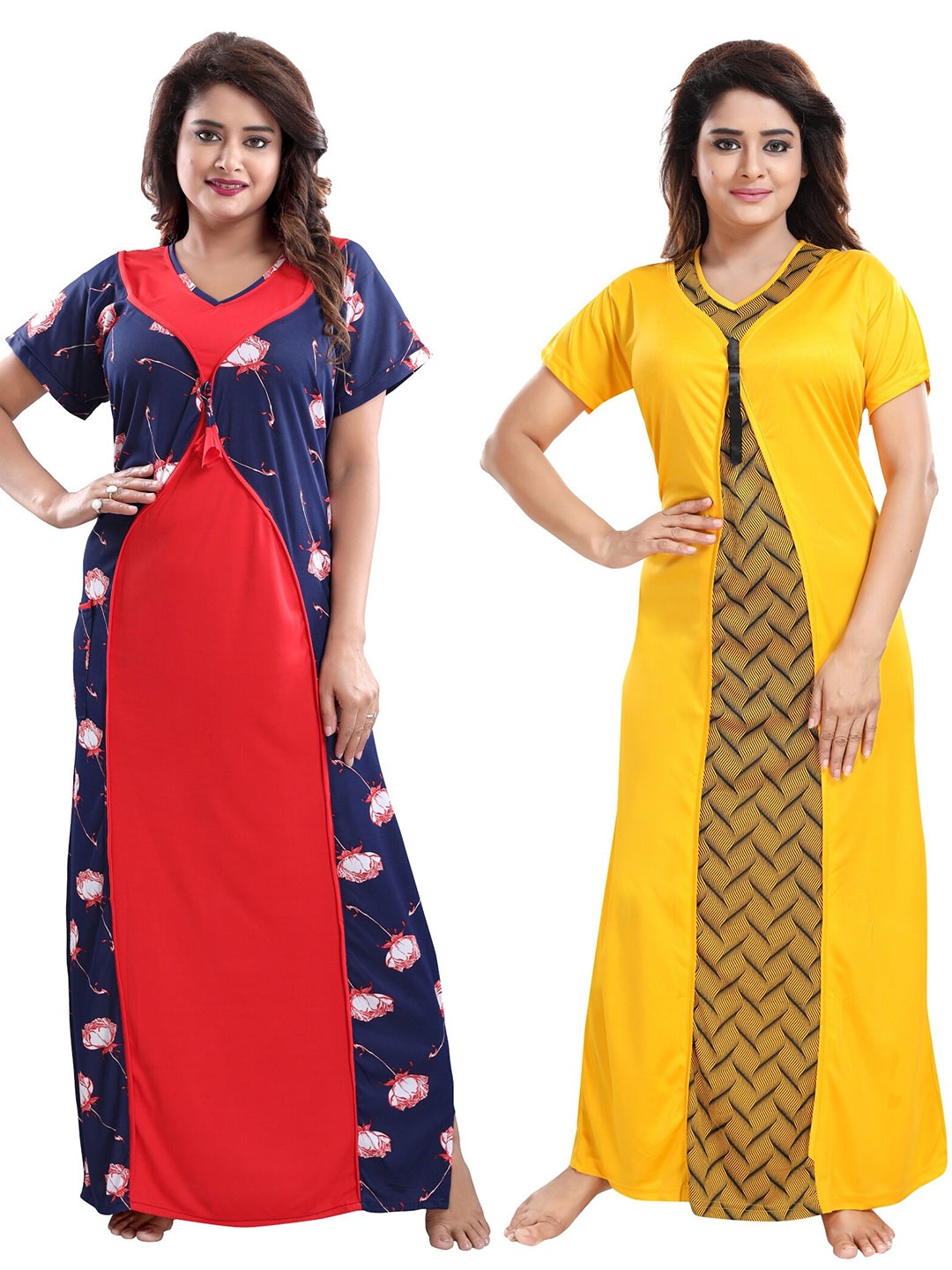 

SHOPPING STATION Pack Of 2 Printed Maxi Satin Nightdress, Red