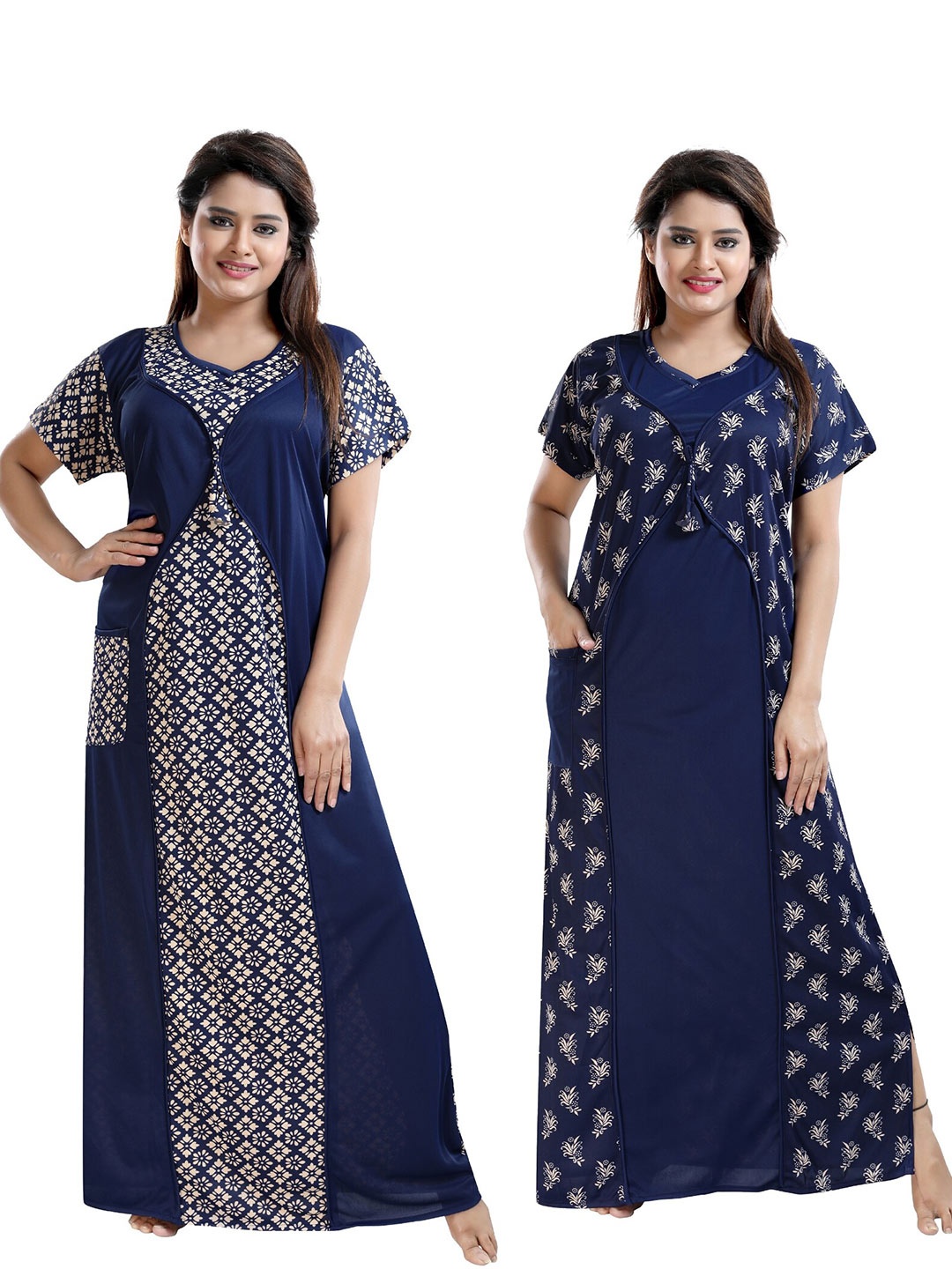 

SHOPPING STATION Pack Of 2 Printed Maxi Satin Nightdress, Navy blue