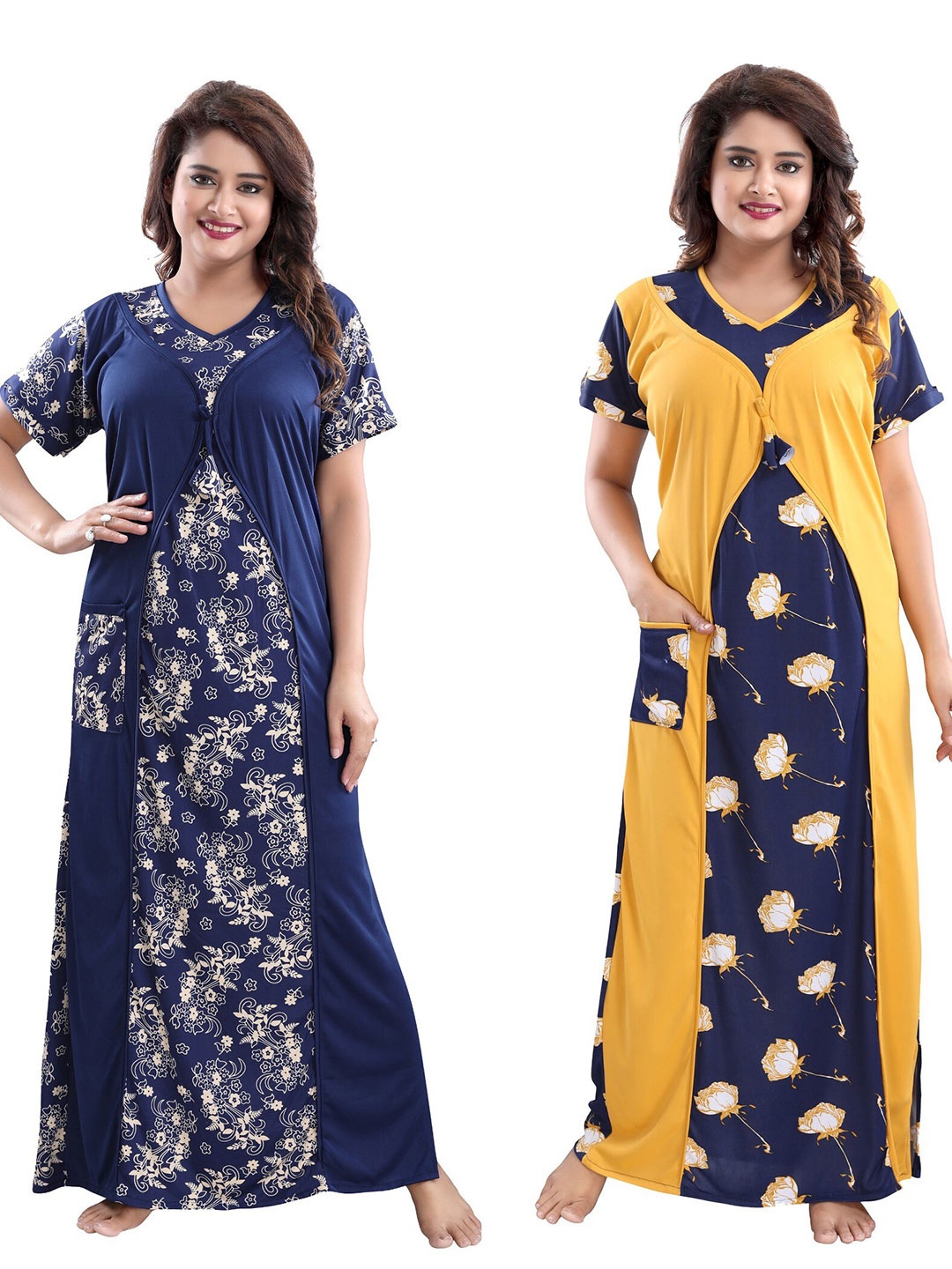 

SHOPPING STATION Pack Of 2 Printed Maxi Satin Nightdress, Navy blue