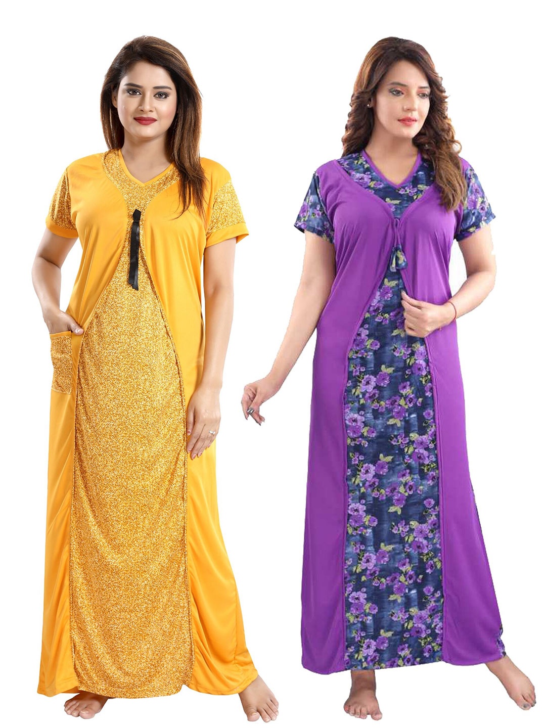 

SHOPPING STATION Pack Of 2 Printed Maxi Satin Nightdress, Yellow