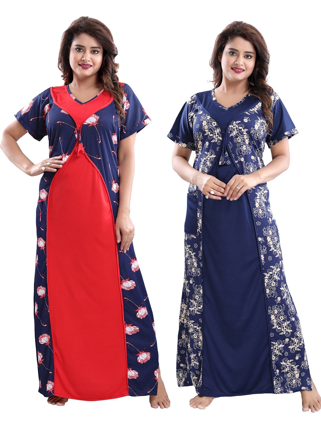

SHOPPING STATION Pack Of 2 Printed Maxi Satin Nightdress, Navy blue