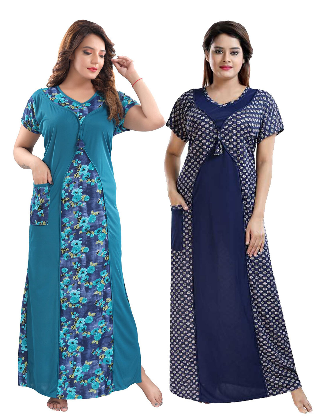 

SHOPPING STATION Pack Of 2 Printed Maxi Satin Nightdress, Navy blue