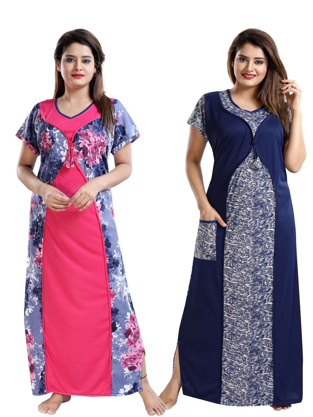 SHOPPING STATION Pack Of 2 Printed Maxi Satin Nightdress, Navy blue