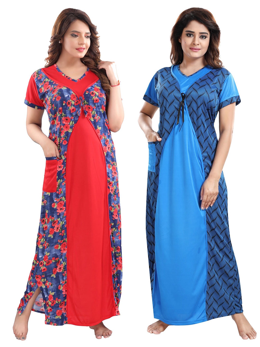

SHOPPING STATION Pack Of 2 Printed Maxi Satin Nightdress, Red