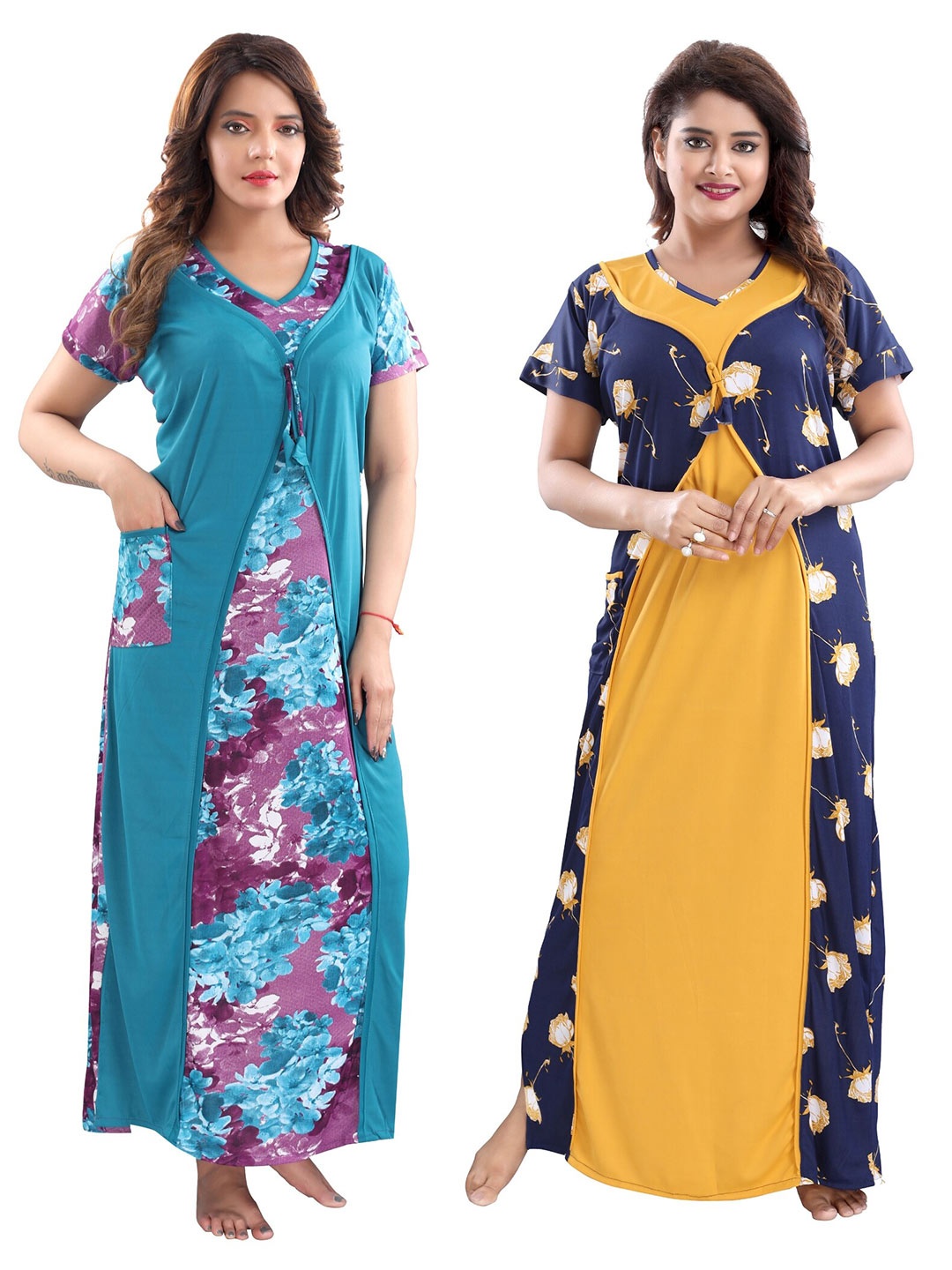 

SHOPPING STATION Pack Of 2 Printed Maxi Satin Nightdress, Blue