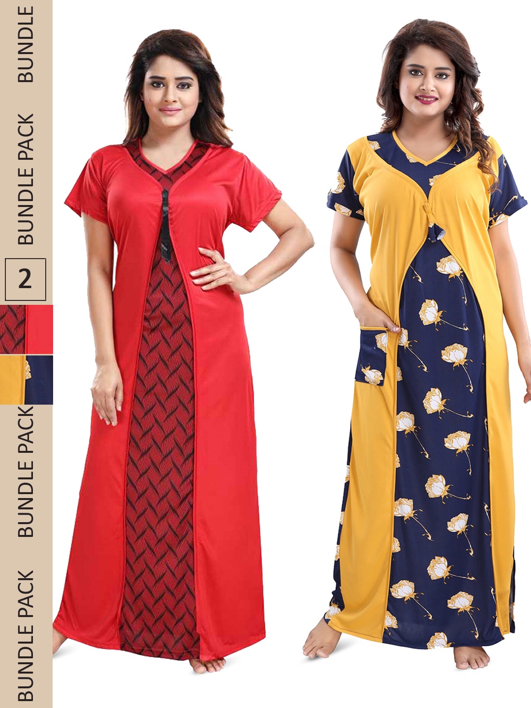 

SHOPPING STATION Pack Of 2 Printed Maxi Satin Nightdress, Red