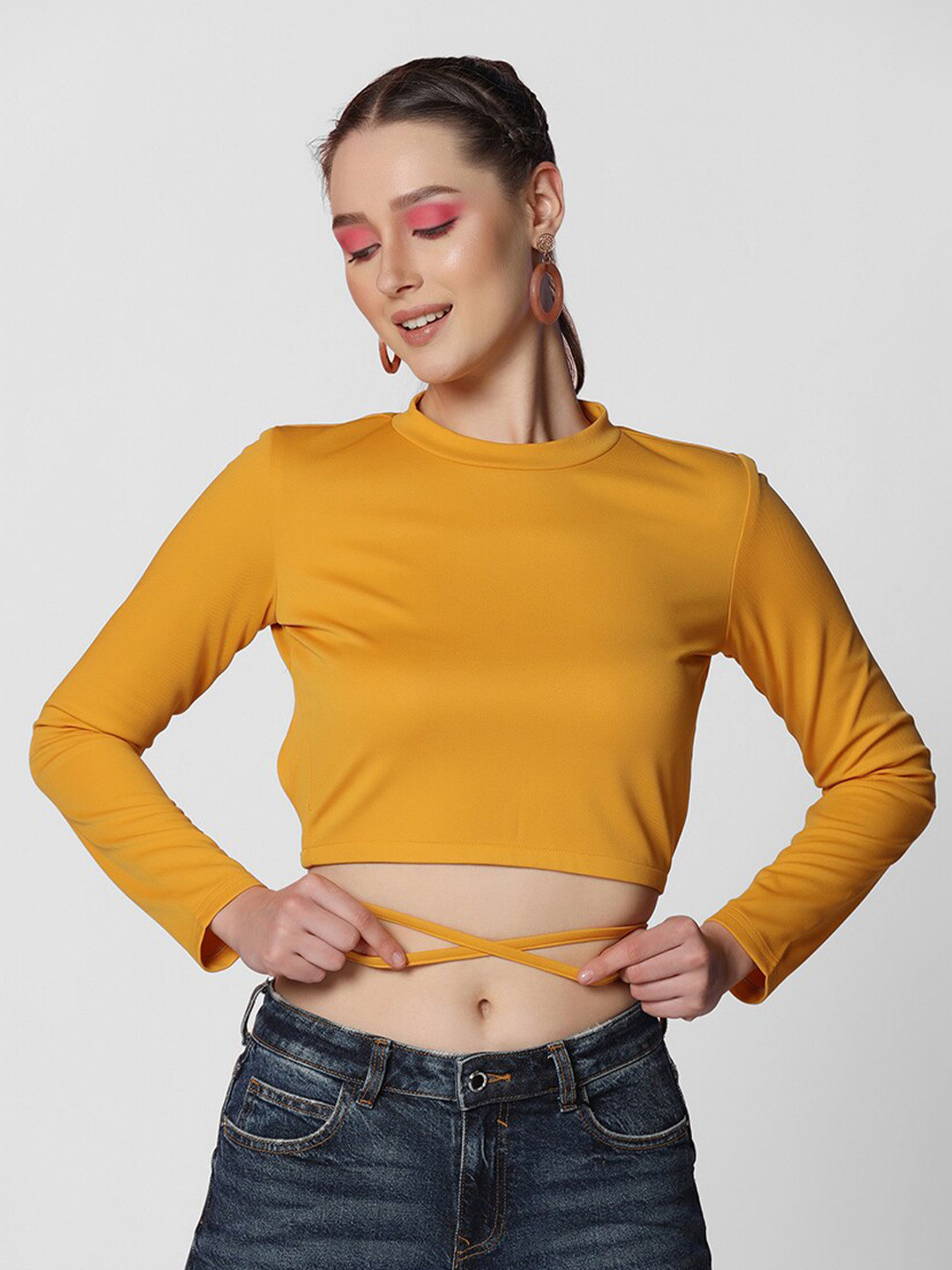 

Selvia Round Neck Long Sleeves Tie-Ups Crop Top, Yellow
