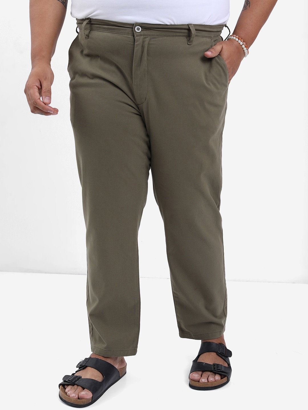 

HIGHLANDER Men Olive Green Plus Size Slim Fit Chinos Trousers