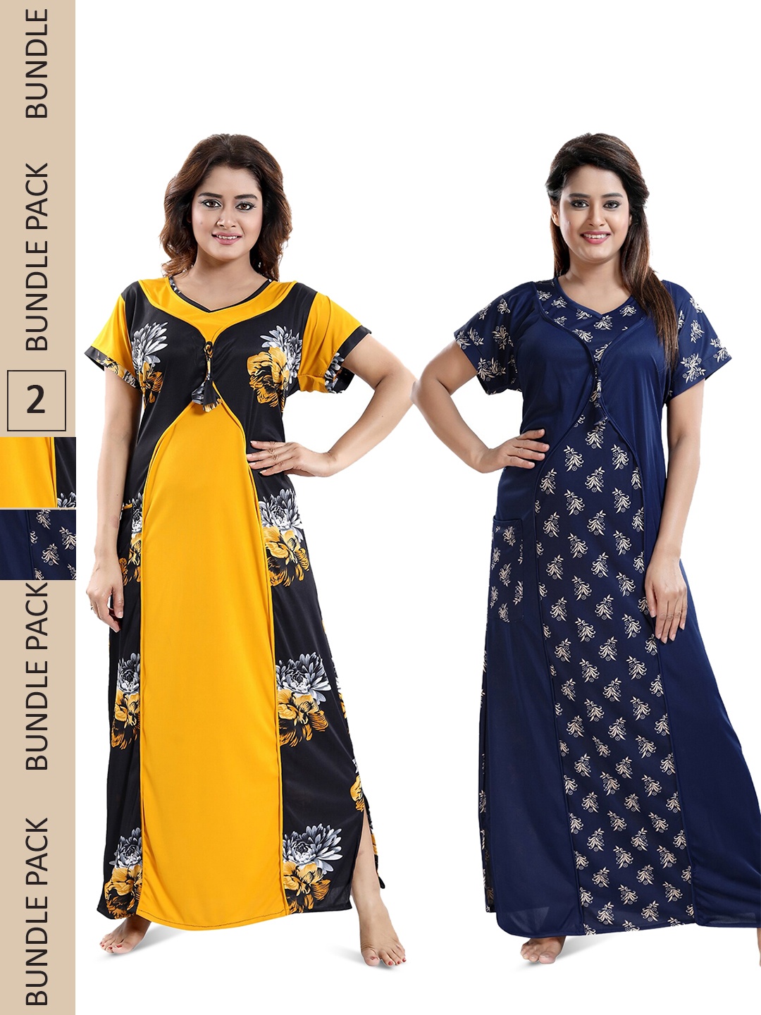 

SHOPPING STATION Pack Of 2 Floral Printed Satin Maxi Nightdress, Yellow