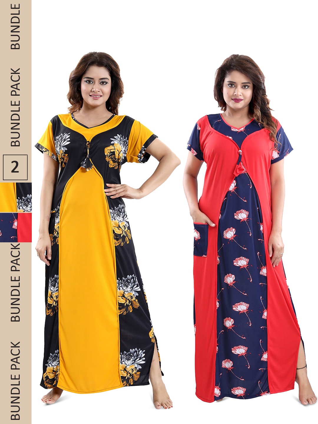 

SHOPPING STATION Pack Of 2 Floral Printed Satin Maxi Nightdress, Red
